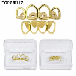 TOPGRILLZ Grill Set Gold Color Plated Four Full Open Face Hollow Tooth Grillz Top with CZ & Bottom Teeth Grills For Men & Women