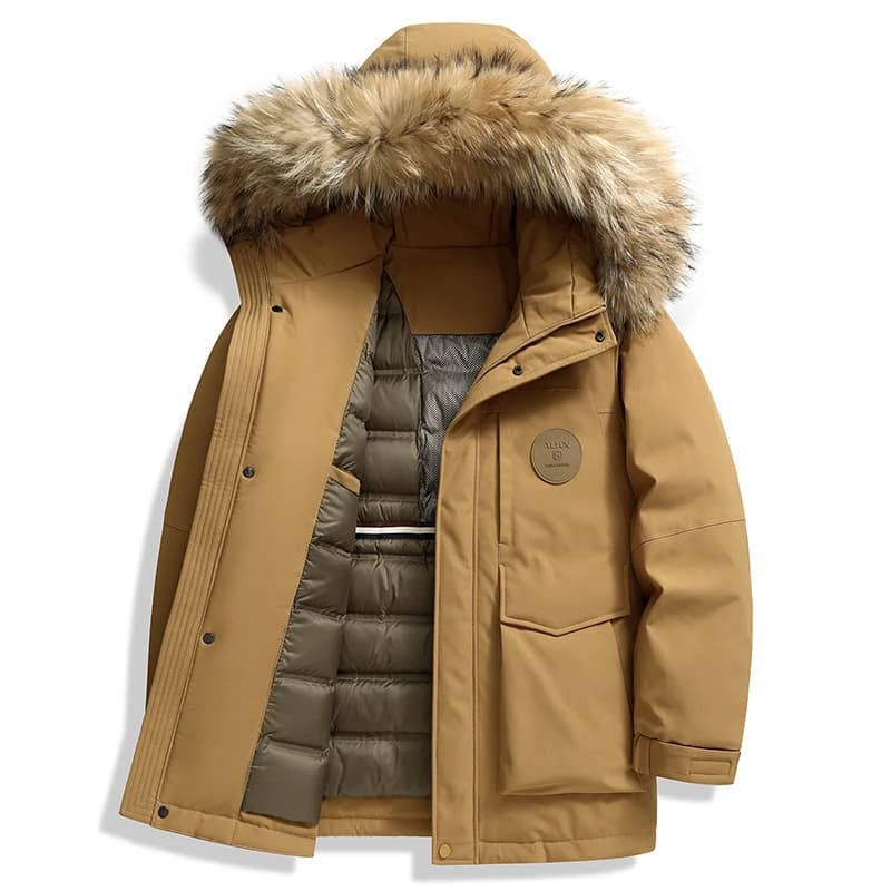 Mens Parka With Detachable Raccoon Fur Hood 90 Percent Duck Down Jacket For Men Heavy Duty Winter Coat Warm Workwear Parka
