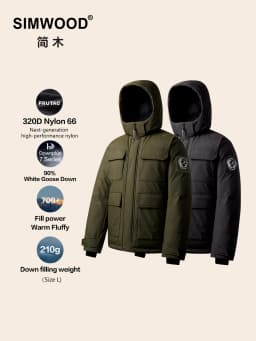 SIMWOOD 2026 Spring Winter New 90% White Goose Down Coats Men Warm Hooded Outdoor Water-repellent Quality Jackets