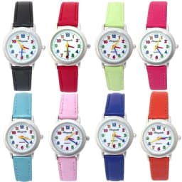 Colorful Dial Leather Watch 10 Colors Cute Lovely Quartz Wristwatch for Girls Boys Women Kids Cartoon Design Student Gift