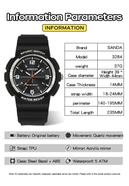 SANDA New 3284 Fashion Student Quartz Watch Simple Waterproof Silicone Strap Night Light Male and Female Student Quartz Watch 