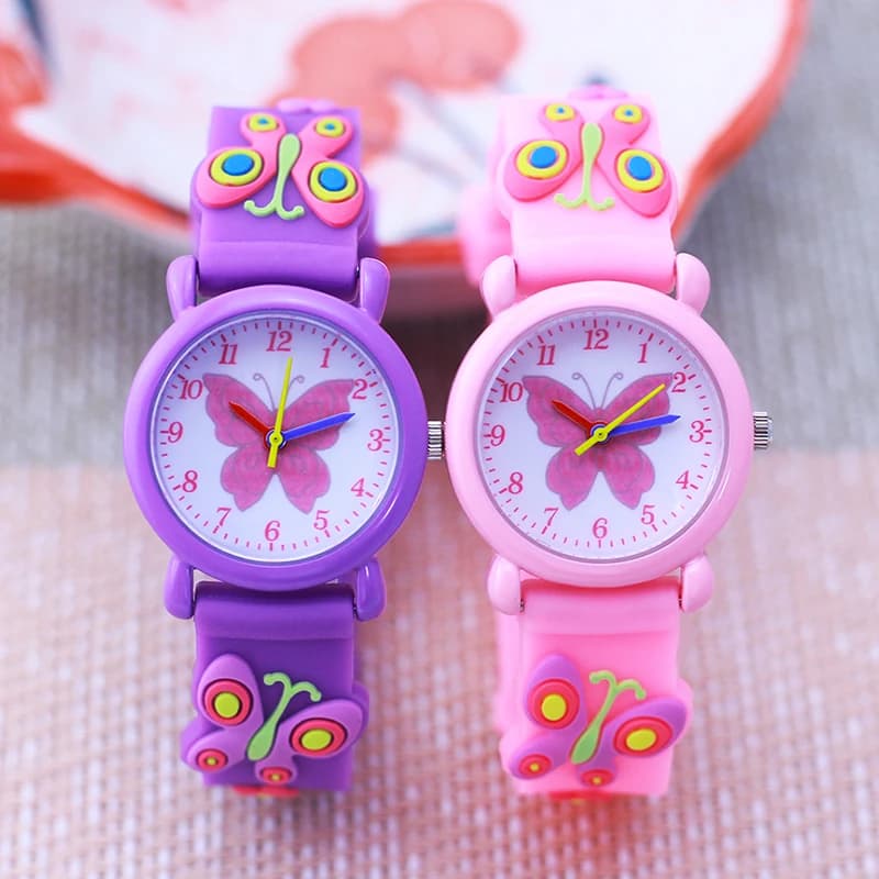 2026 Children Fashion Beauty Pink Watches Girls Students Little Kids Butterfly Silicone Strap Water Resistant Watches 5 Colors