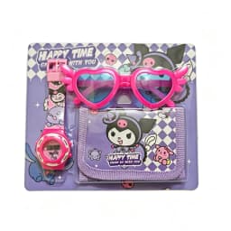 Cartoon 3pcs Hello Kitty Children Watches Wallet Glasses Set Silicone Strap Cute Kuromi Girls Watch Gift Set For Kids Student