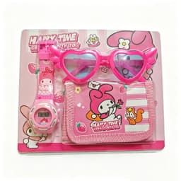 Cartoon 3pcs Hello Kitty Children Watches Wallet Glasses Set Silicone Strap Cute Kuromi Girls Watch Gift Set For Kids Student