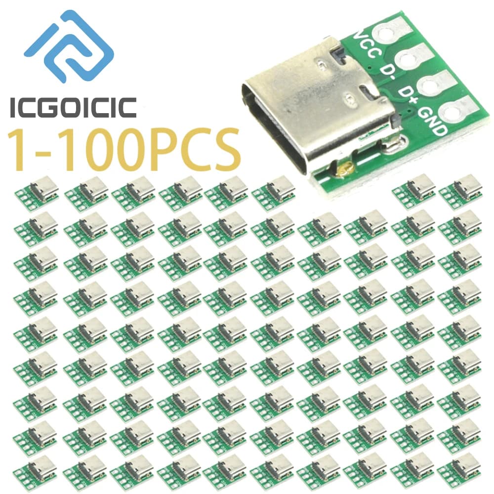 1-100PCS USB 3.1 Type C Connector - 16 Pin PCB Board Adapter, Socket for Data Line Cable Transfer