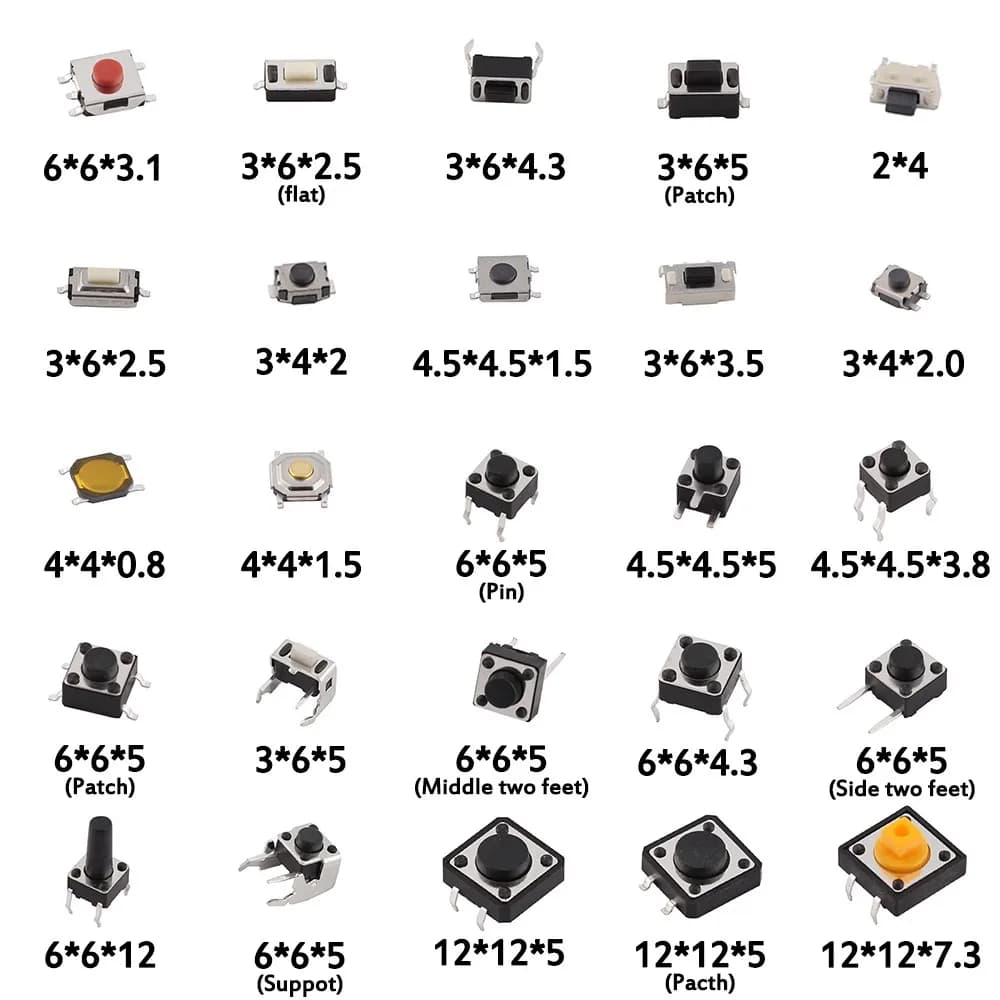 125PCS Assorted Micro Push Button Tact Switch Kit - 25 Types, Including Reset & Mini Leaf Switches, SMD/DIP 2*4 3*6 4*4 6*6