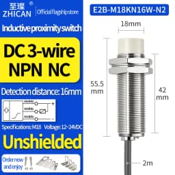ZHICAN E2B M18 Inductive Proximity Sensor NPN PNP NO NC 3 Wire DC24V Cylindrical Metal Detection Switch