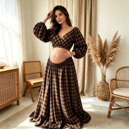 Maternity Photoshoot Outfit Plaid Set Puff Long Sleeve Vintage Maternity Gown For Pregnancy Photo Shoot Women Party Dress