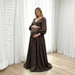 Maternity Photoshoot Outfit Plaid Set Puff Long Sleeve Vintage Maternity Gown For Pregnancy Photo Shoot Women Party Dress