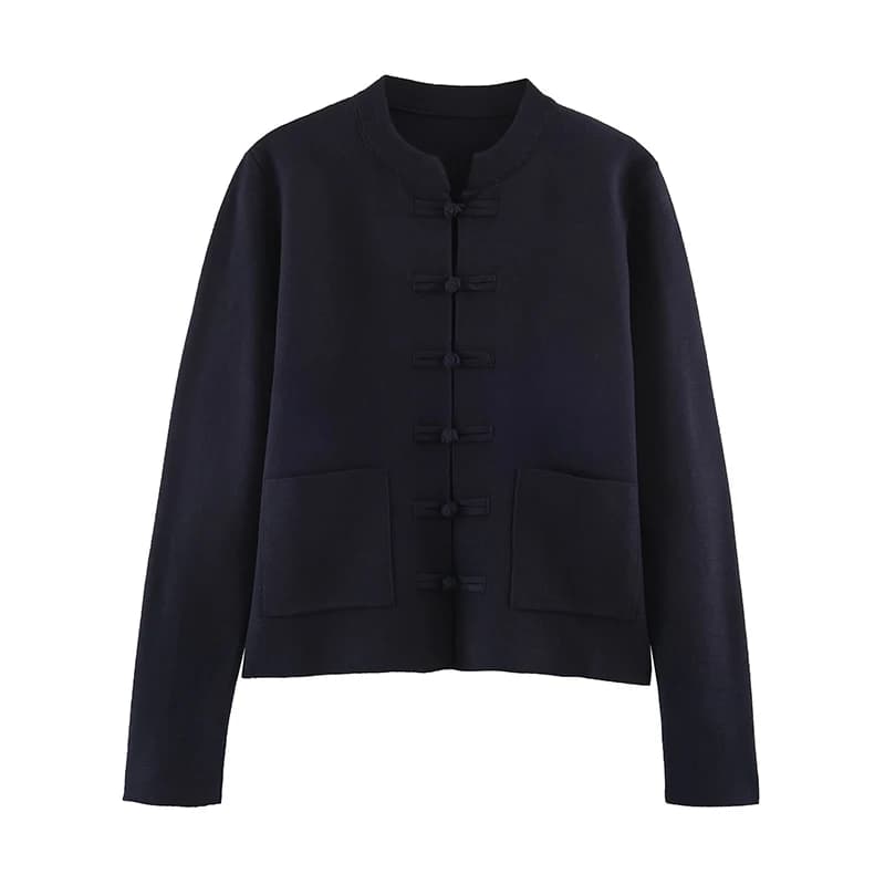 YENKYE New Women Navy Blue Frog Fastening Crop Cardigan  Stand-up Collar Long Sleeves With Pockets Short Knit Outerwear Vintage