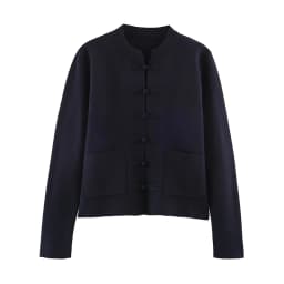 YENKYE New Women Navy Blue Frog Fastening Crop Cardigan  Stand-up Collar Long Sleeves With Pockets Short Knit Outerwear Vintage
