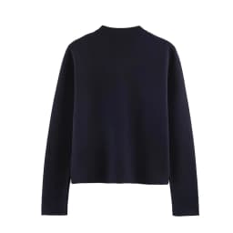 YENKYE New Women Navy Blue Frog Fastening Crop Cardigan  Stand-up Collar Long Sleeves With Pockets Short Knit Outerwear Vintage