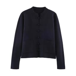 YENKYE New Women Navy Blue Frog Fastening Crop Cardigan  Stand-up Collar Long Sleeves With Pockets Short Knit Outerwear Vintage