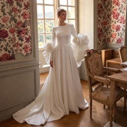 Sharon Said Satin Long Sleeve Wedding Dress with 3D Flowers Cape O-Neck Bridal Gowns with Train SS661Customized