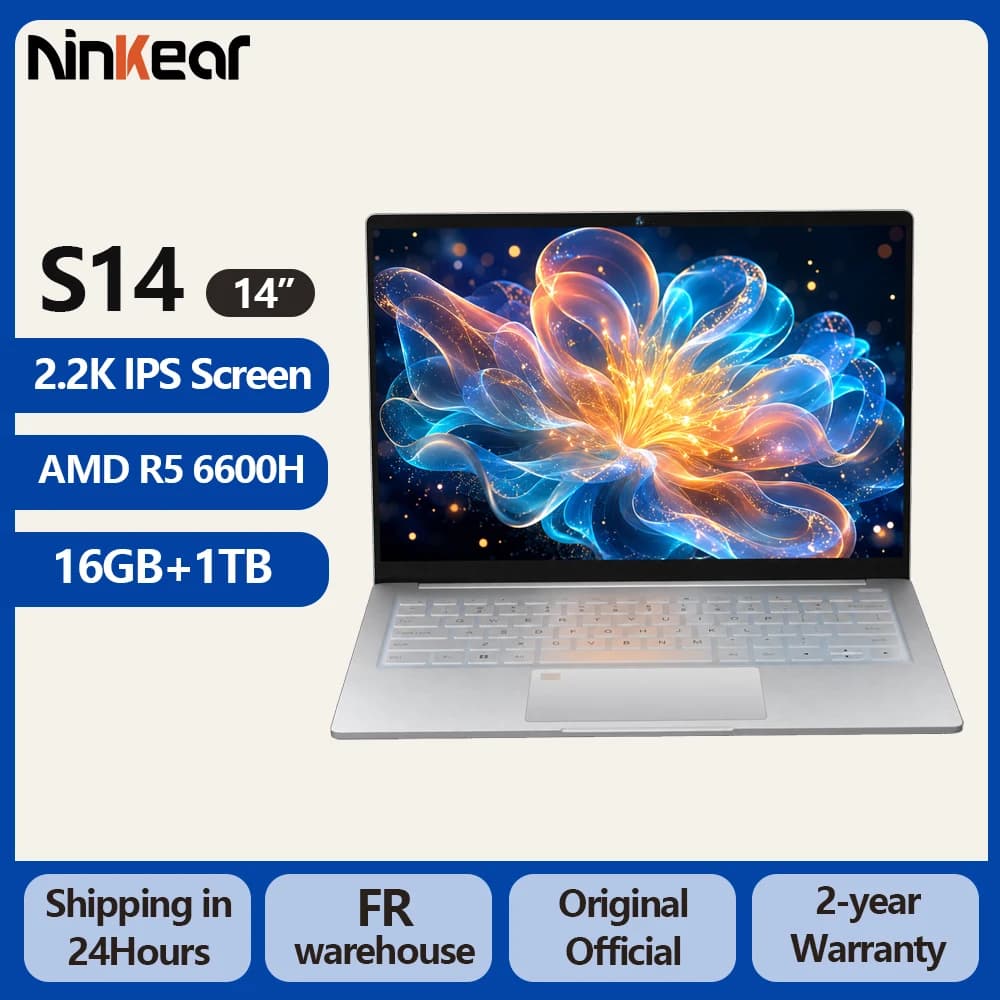 Ninkear S14 Laptop 14' 2.2K IPS AMD Ryzen 5 6600H 6-Core 4.55GHz 16GB LPDDR5X 1TB PCIe SSD WiFi 6 BT5.3 PD65W Fast Charge 1kg Ultra Light Type-C Windows 11,180° Hinge Fingerprint The Perfect Gift Travel Office Computer