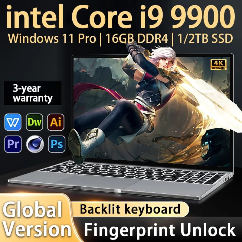 2026 New Laptop 15.6 Inch Windows 11 Intel Core I9 9900 16GB RAM 1TB 2TB SSD Fingerprint Unlock Study Office Pc Gaming Laptops
