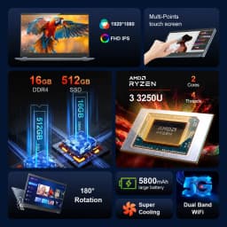 Ninkear YBook 15 Laptop 2 in 1, 15.6 Inch Full HD Display AMD Ryzen 3 3250U 16GB RAM 512GB SSD Windows 11 360° Touchscreen 2 in 1 Convertible Notebook Backlit Keyboard for Business Home Office Study and Everyday Multitasking
