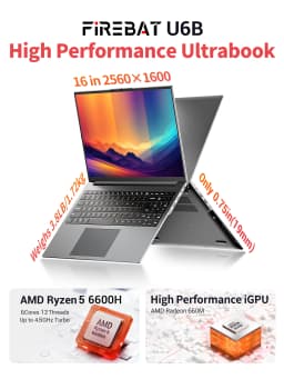 FIREBAT U6B Laptop AMD Ryzen5 6600H LPDDR5 16GB RAM 512GB SSD English Keyboad WiFi6 BT5.2 16inch 2.5K 120Hz Windows11 Computer