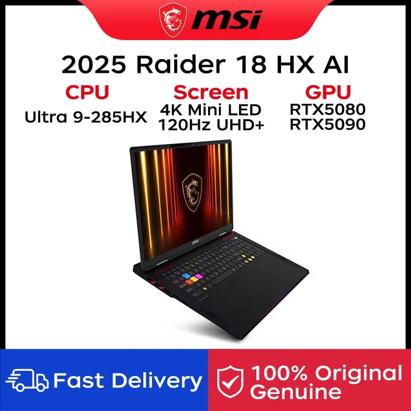2025 MSI Raider 18 HX AI Gaming Laptop 18 Inch 4K Mini LED 120Hz UHD+ Screen Netbook Ultra 9-285HX RTX5080 64GB 4TB Notebook PC