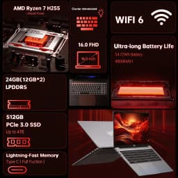 ACEMAGIC S16 Laptop 16Inch Gaming Laptop - Ryzen 7 H255 - 24GB LPDDR5 512B NVMe SSD - AMD Radeon 780M - WiFi6 - BT5.2 - Windows 11 Pro