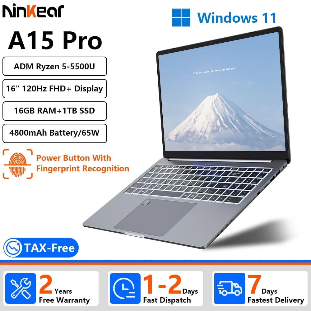 [Ship From Within Europe]Ninkear A15 Pro Laptop 16" QHD 2.5K 120Hz Display AMD Ryzen 5 5500U 16GB DDR4+1TB SSD 54.72Wh Battery 65W Charging BT5.2 Wi-Fi 6 Windows 11