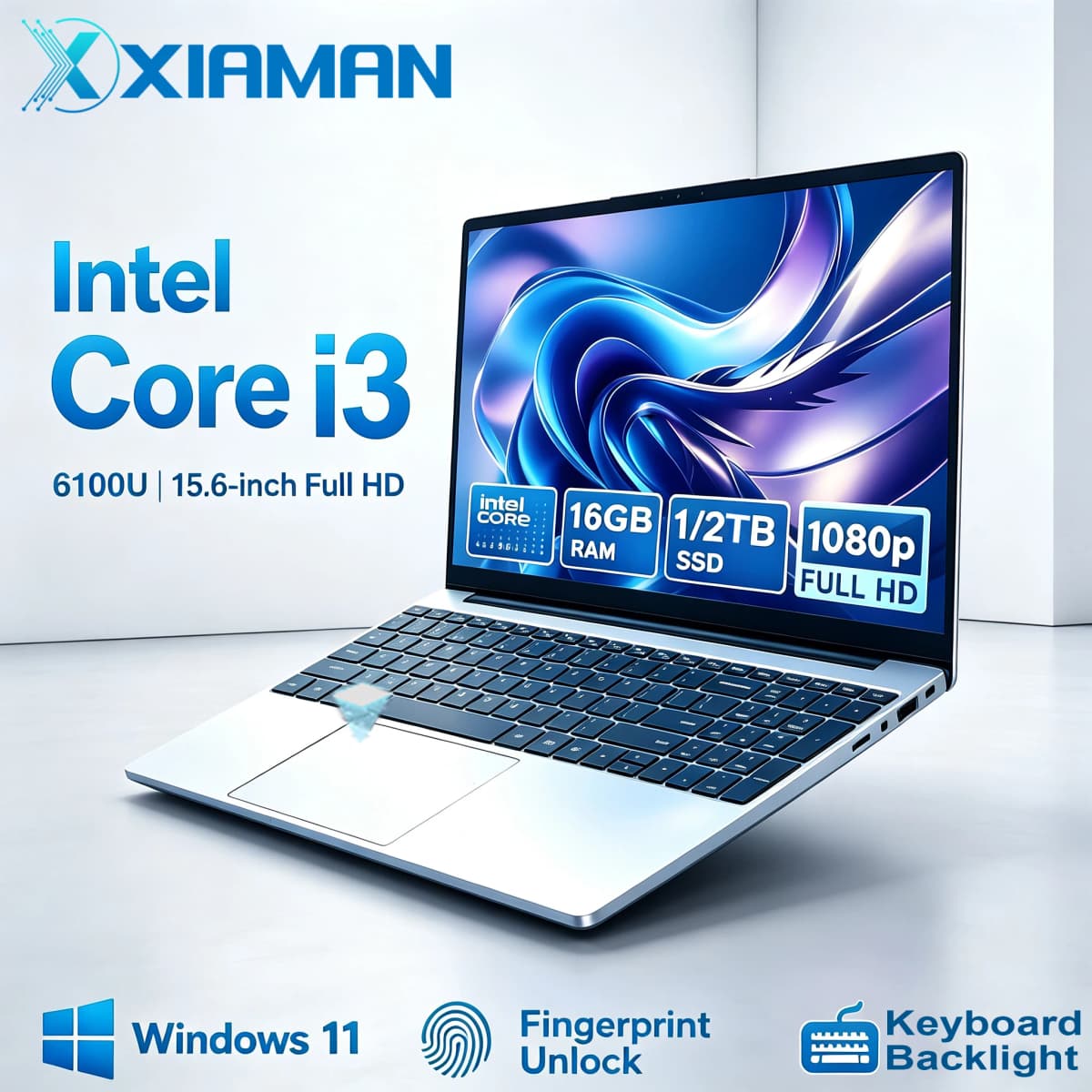 Xiaman Business Laptops 15.6" Intel Core i3-6100U Intel Notebook PC Ultra Slim Laptop 16GB RAM 1TB SSD Backlit Keyboard Fingerprint unlock For Office Games Computer Windows 11