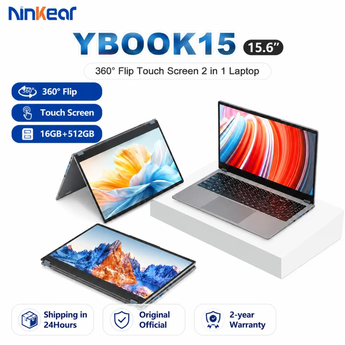 Ninkear YBOOK15 15.6 Inch 2-in-1 Laptop AMD Ryzen 3 3250U 16GB DDR4 RAM 512GB SSD Convertible Notebook 360° Flip Touchscreen FHD Display Radeon Vega 3 Graphics USB-C HDMI WiFi Bluetooth Portable Windows Laptop
