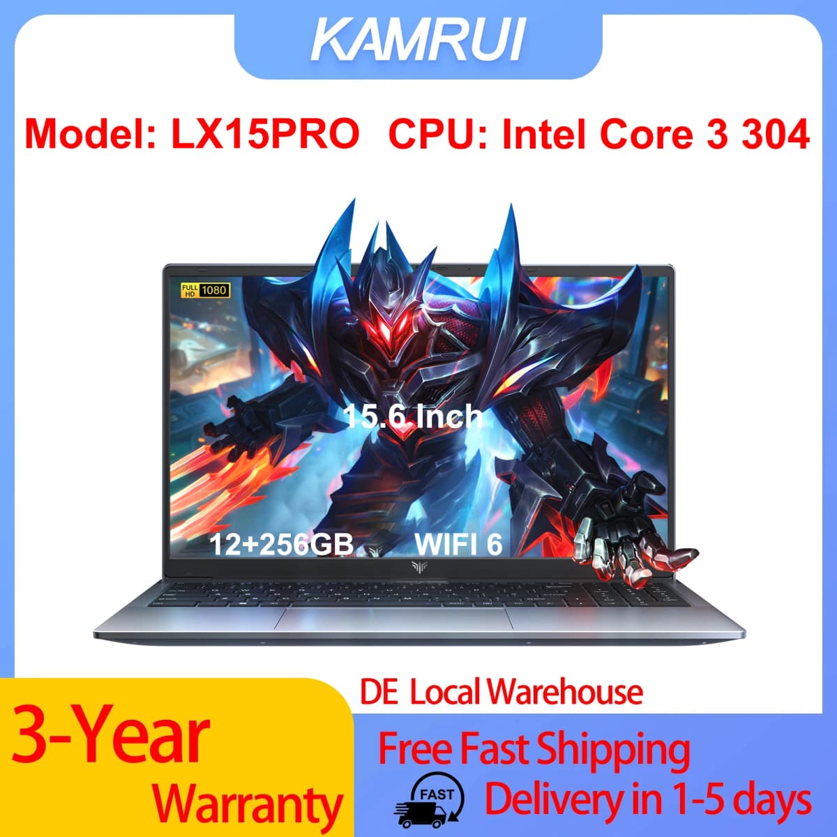 KAMRUI LX15PRO Intel Core 3 304 Laptop 12GB RAM 256GB ROM 4.3GHZ WIFI 6 Bluetooth 5.2 Gaming Computer Bussiness Office Leaning Design Laptops