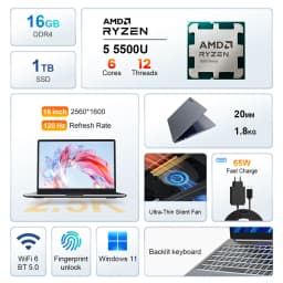Ninkear A15 Pro Laptop 16 Inch 2.5K 2560×1600, Amd Ryzen 5 5500U 6-Core, 16GB DDR4 RAM 1TB SSD, Wifi 6, Bluetooth 5.2, 54.72Wh Battery, Backlit Keyboard, Fingerprint, 65W Pd