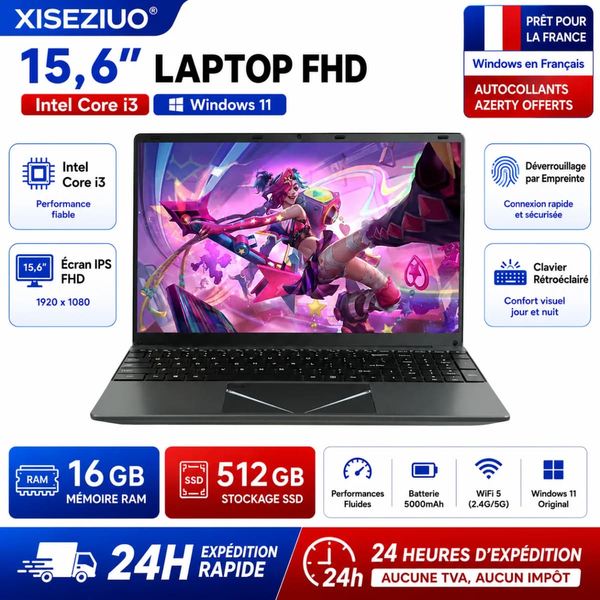 15.6-inch Full HD IPS Laptop with Intel Core i3, Windows 11 Pro, 16 GB RAM, 512 GB SSD, Wi‑Fi 5, Bluetooth 5.0, French keyboard, keyboard protective film, fingerprint reader, lightweight laptop for students, work, and desk use, 1920x1080 display
