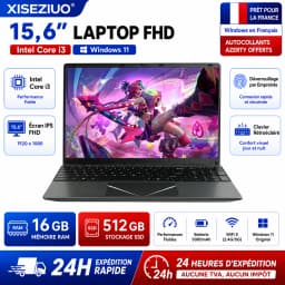 15.6-inch Full HD IPS Laptop with Intel Core i3, Windows 11 Pro, 16 GB RAM, 512 GB SSD, Wi‑Fi 5, Bluetooth 5.0, French keyboard, keyboard protective film, fingerprint reader, lightweight laptop for students, work, and desk use, 1920x1080 display