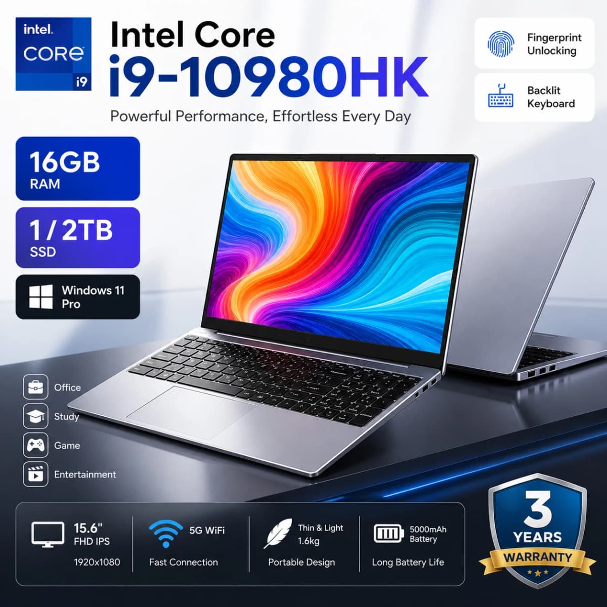 New 15.6 " Laptop Intel Core i9-10980HK 16GB RAM 1TB SSD Ultra Slim Gaming Laptop 1920*1080 Windows 11 Laptop Office Computer