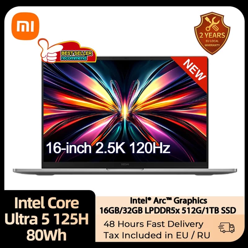 Xiaomi Redmi Book 16 2026 Laptop 16" 2.5K 120Hz Intel Core Ultra 5 125H 16GB+1TB SSD Win11PRO Office Notebook 80Wh Battery