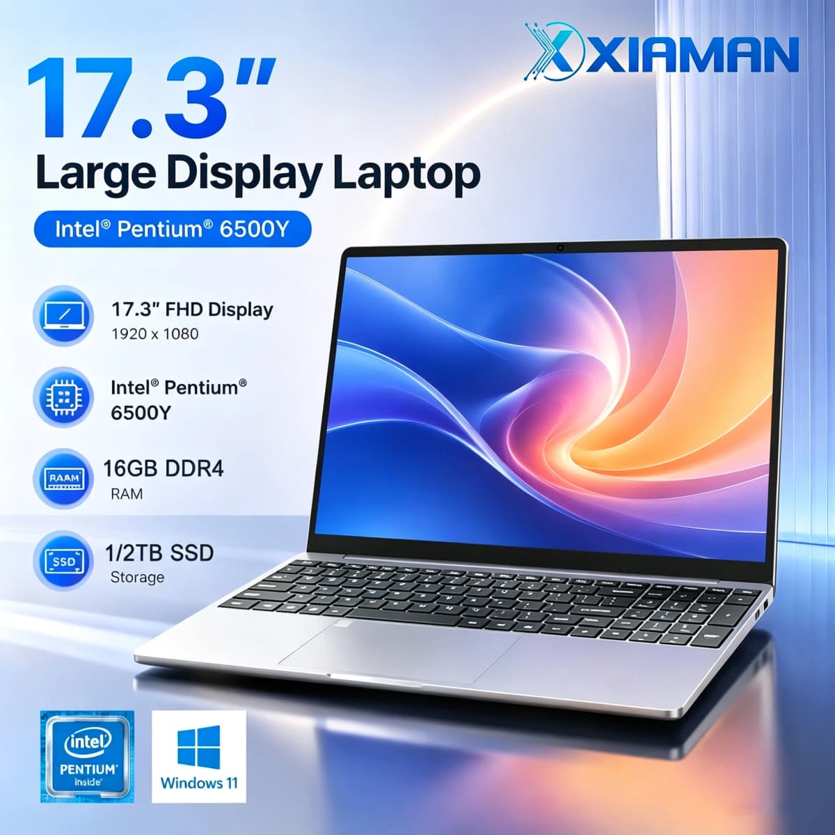 Xiaman 2026 NEW  Business Intel 17.3" Laptop Computer Intel Pentium 6500Y Notebook Computer 16GB RAM 1TB 2TB SSD 1920*1080P Laptops Notebook Windows 11 Fingerprint Office Learning Entertainment Computer PC