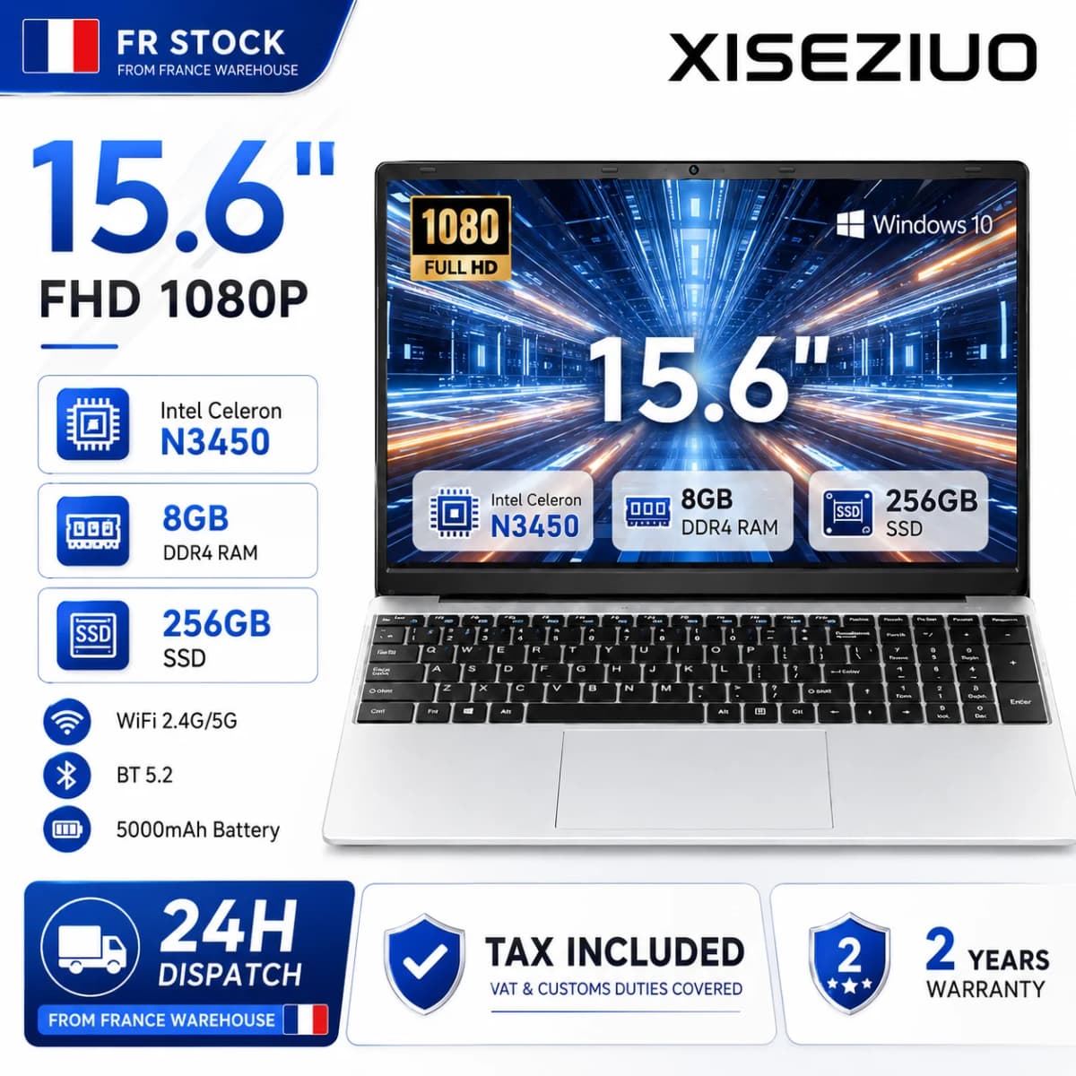 15.6 Inch Laptop Intel Celeron N3450 Quad Core,4GB/8GB RAM 128GB/256GB SSD DDR4, Full HD 1920x1080 IPS Display, Windows 11 Notebook, WiFi 5, HDMI, Webcam, Lightweight Computer for Study Office Business, France Stock Multi Language Keyboard Protective Fil