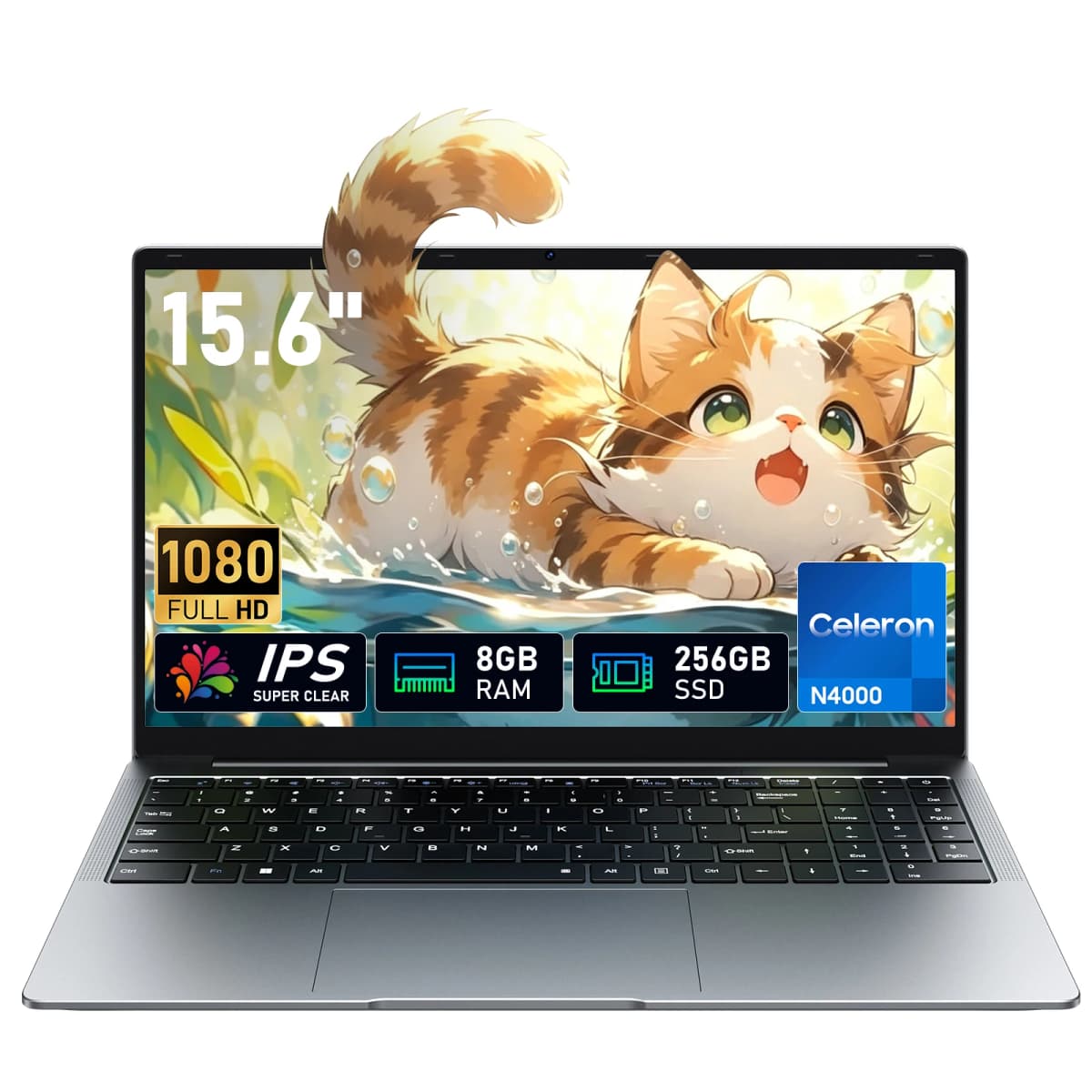 EYY 15.6" Laptop, Celeron N4000, 8GB RAM 256GB SSD, Full HD 1080P Display, Dual-Band WiFi, Mini HDMI, Lightweight Slim Silver Notebook for Business, School, Home