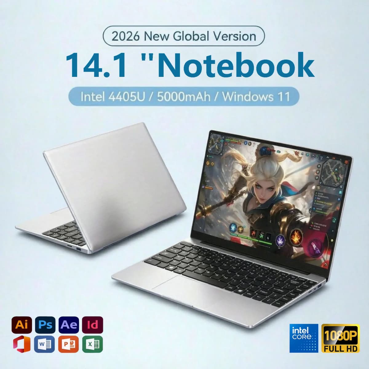 LENO New Ultra Slim Laptop 14.1" 16GB RAM 2TB SSD Intel 4405U Notebook Gamer 1920*1080 Display Office Study Computer PC Windows