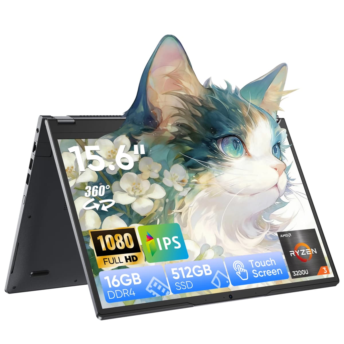 HYPERSTRIX 2 in 1 Touchscreen 15.6 inch Laptop Ryzen R3-3200U (up to 3.5GHz) Notebook PC 16GB RAM 512GB SSD 360° Rotation FHD IPS Laptop Backlit Keyboard TypeC RJ45 WIFI 5 HDMI