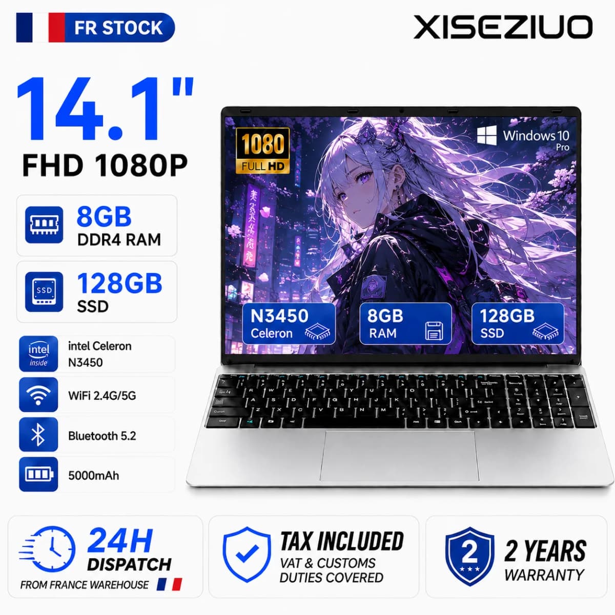 Brand New 14.1 Inch Laptop Intel Celeron N3450 8GB RAM 128GB SSD FHD 1920x1080 Notebook Windows 10 Pro WiFi Dual Band Bluetooth 5.2 Lightweight Portable Computer for Student Office Business Home France Stock Multi Language System Laptop Duty Free Shop