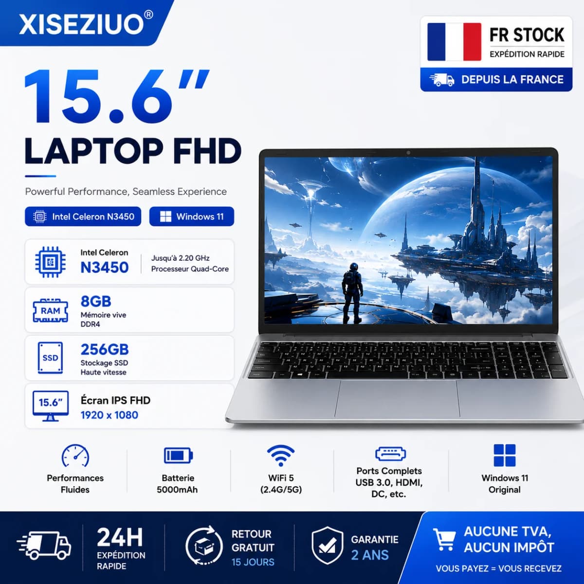 15.6 Inch Full Hd Ips 1920X1080 Laptop Intel Celeron N3450 8Gb Ddr4 Ram 256Gb Ssd Windows11 2.4G/5G Wifi Bluetooth 5.0 5000Mah Battery Numeric Keypad Webcam Mini HDMI France Stock 24H Delivery 2 Years Warranty Student Office Laptop