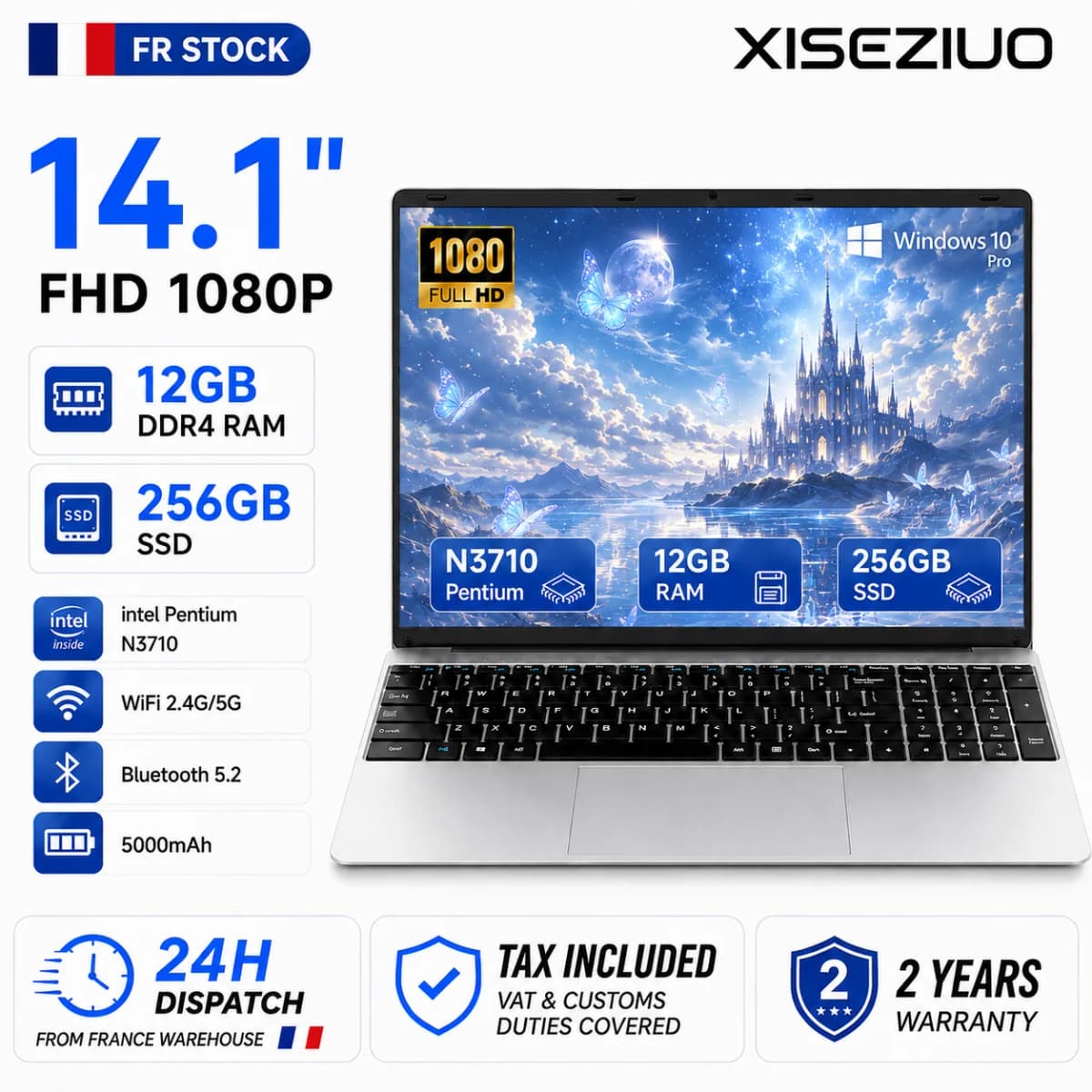 Ultra Slim Brand New PC 14.1'' Laptop Computer N3710 Quad Core 12GB RAM 256GB SSD Windows 10 Pro Notebook PC FHD 1080P Display Ultra Thin Portable Laptop WiFi Bluetooth 5.2 Webcam Computer for Student Business Office Home Use Lightweight Laptop PC