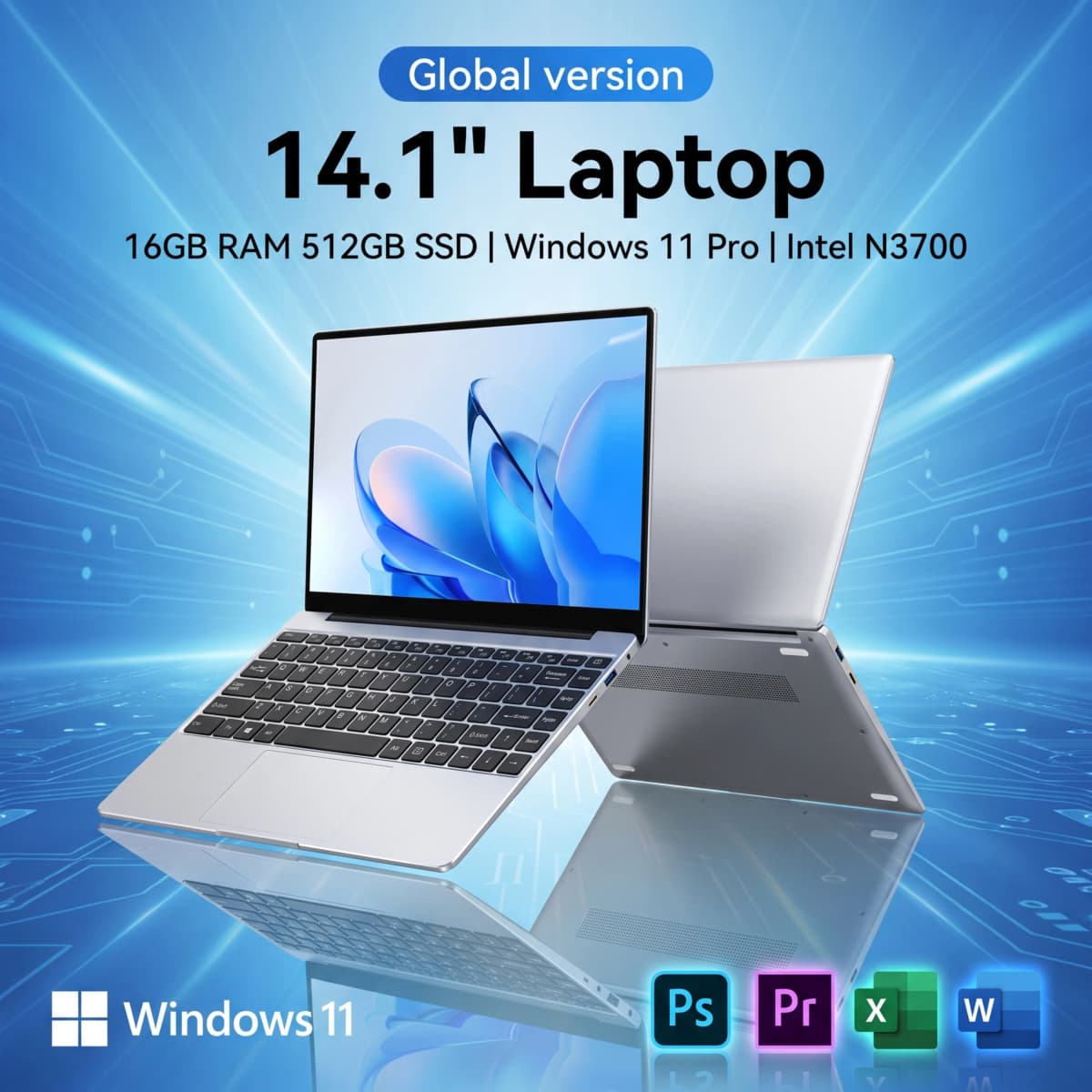 Ultra Slim 14.1 Inch Laptop | Intel N3700, 16GB RAM 512GB SSD, 1080P FHD Display, Windows 11 Pro, Portable Notebook for Office & Study