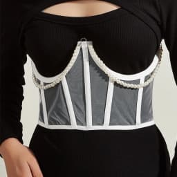 Sexy Women Black White Pink Corset Belt Punk Pearl Metal Chain Goth Cummerbund High Waist Tops Vintage Mesh See Through Bustiers