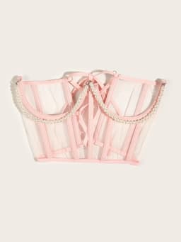 Sexy Women Black White Pink Corset Belt Punk Pearl Metal Chain Goth Cummerbund High Waist Tops Vintage Mesh See Through Bustiers