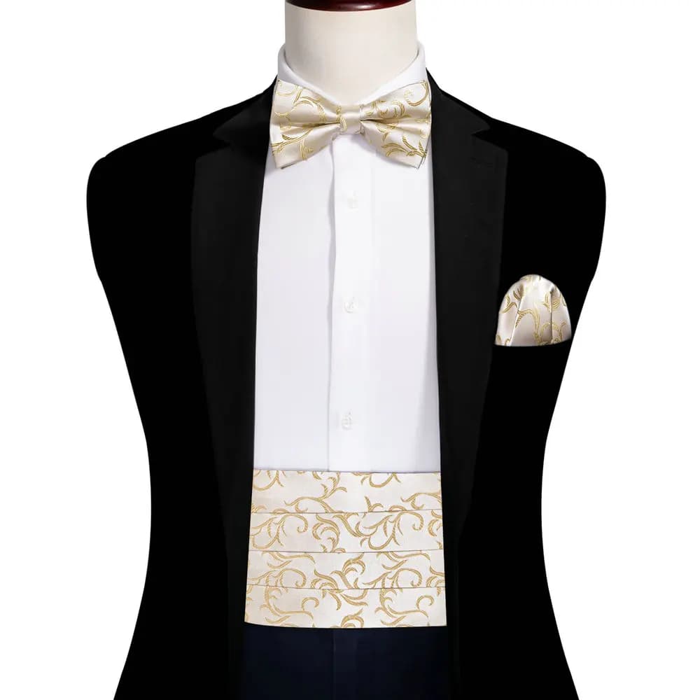 Barry.Wang Champagne Cummerbund Men Silk Floral Jacquard Bowtie Pocket Square Cufflinks Sets Wedding Party Gifts Designer 1037