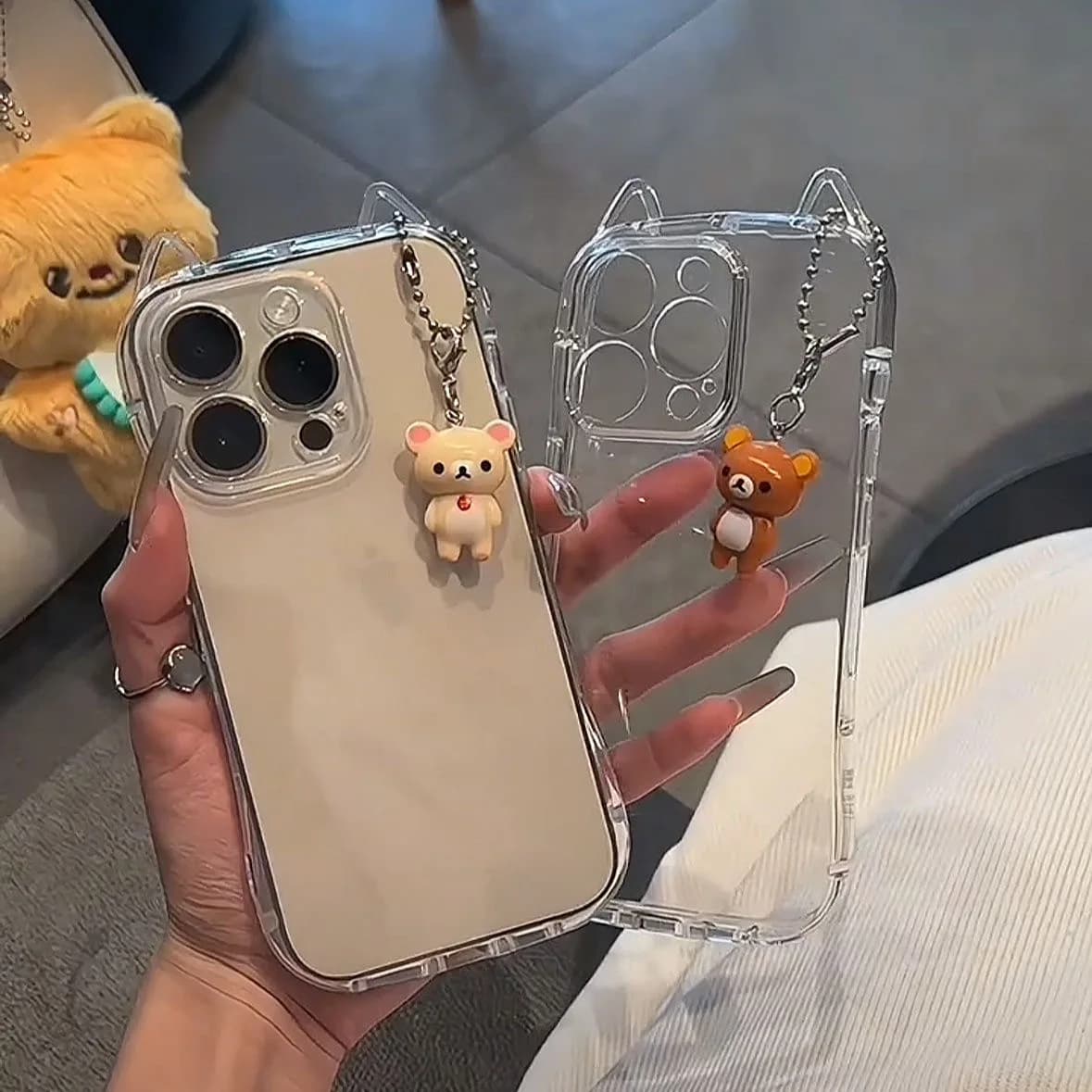 Cute 3D Ears Clear Case For iPhone 17 16 15 14 13 12 11 Pro Max 8 7 Plus SE 17promax Cartoon Bear Pendant TPU Cover Shell