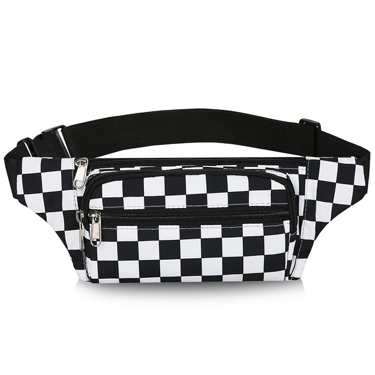 Large Capacity Waterproof Outdoor Sports Waist Bag Men's and Women's Black and White Plaid Mobile Phone Bag Student Waist Bag
