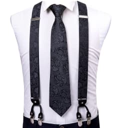 Barry.Wang Teal Blue Silk Mens Suspender Hanky Cufflinks Tie Set Adjustable Clip On Braces Self Necktie Male Wedding Business