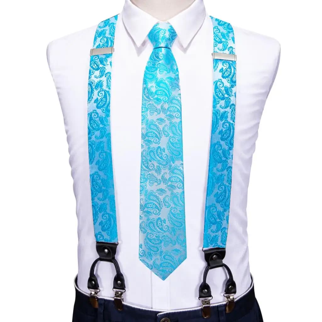 Barry.Wang Teal Blue Silk Mens Suspender Hanky Cufflinks Tie Set Adjustable Clip On Braces Self Necktie Male Wedding Business