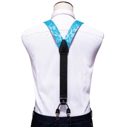 Barry.Wang Teal Blue Silk Mens Suspender Hanky Cufflinks Tie Set Adjustable Clip On Braces Self Necktie Male Wedding Business